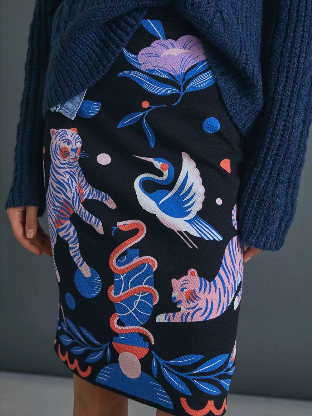 Anthropologie Black Pencil Skirt with Blue, Pink & Coral Animal Print